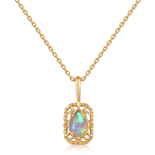 Vintage Opal Pendant Necklace - Intricate S925 Silver Gold-Plated Design,18"