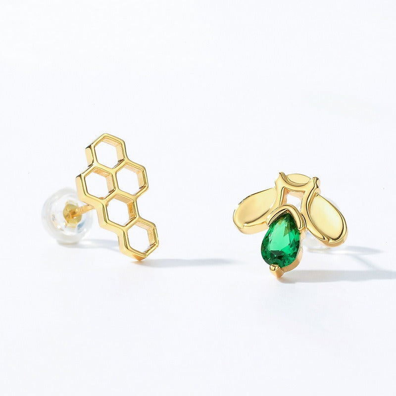 Asymmetrical Bee Stud Earrings - Luxury S925 Silver Gold-Plated with Green Nano Zircon