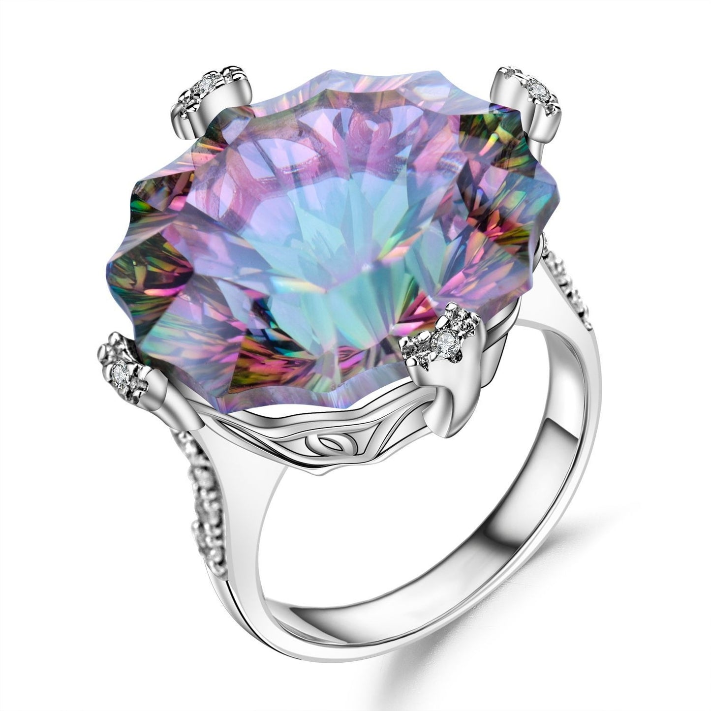 925 Sterling Silver Ring with 24.21 Carat Mystic Quartz - Geometric Design, Prong Setting, Colorful Brilliance - Statement Jewelry