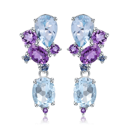 Kemstone S925 Sterling Silver Gemstone Earrings Amethyst Topaz Dangle Earrings for Elegant Soirees