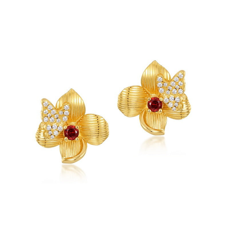 Spring Garden Collection Camellia Flower Garnet Stud Earrings - Original Design S925 Silver Gold-Plated