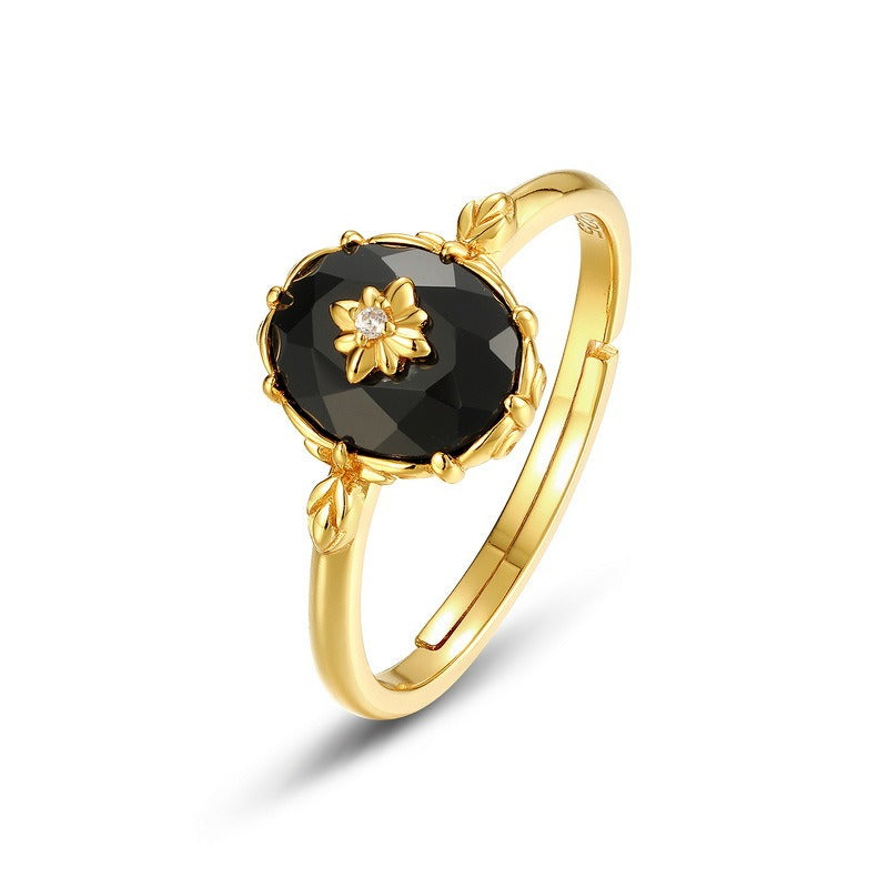 Vintage Black Onyx Ring - Adjustable S925 Silver with 10K Gold-Plated