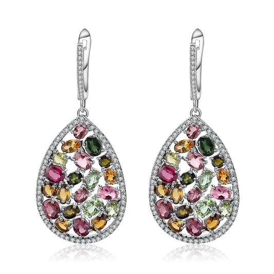 Kemstone Natural Multi-color Tourmaline Gemstone Drop Earrings,K23416E