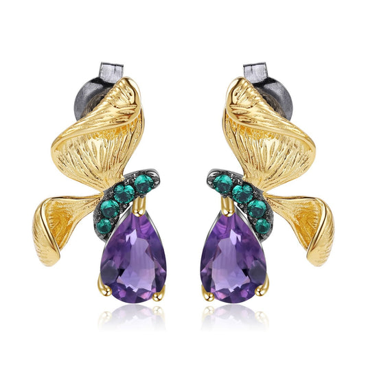 925 Sterling Silver Butterfly Earrings with Nano Emerald-Green Stones and 1.3 Carat Purple Amethyst