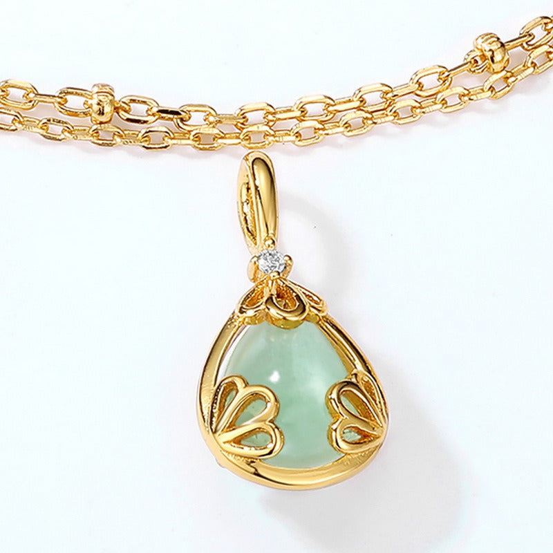 Vintage Teardrop Aventurine and White Crystal Pendant Necklace - S925 Sterling Silver Crown Design