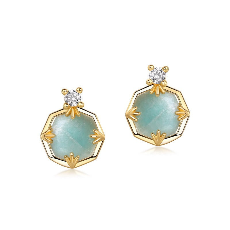 New Luxury Amazonite Stud Earrings - Vintage Chic S925 Silver & White Crystal