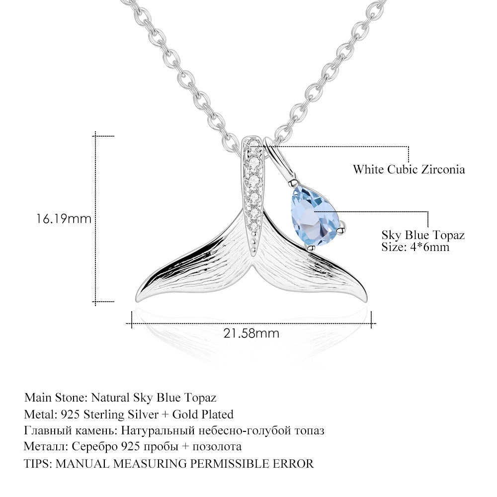 Whale Tail Gemstone Pendant Necklace with 4*6mm Sky Blue Topaz - 18" Chain, Versatile Elegance, Artistic Detailing