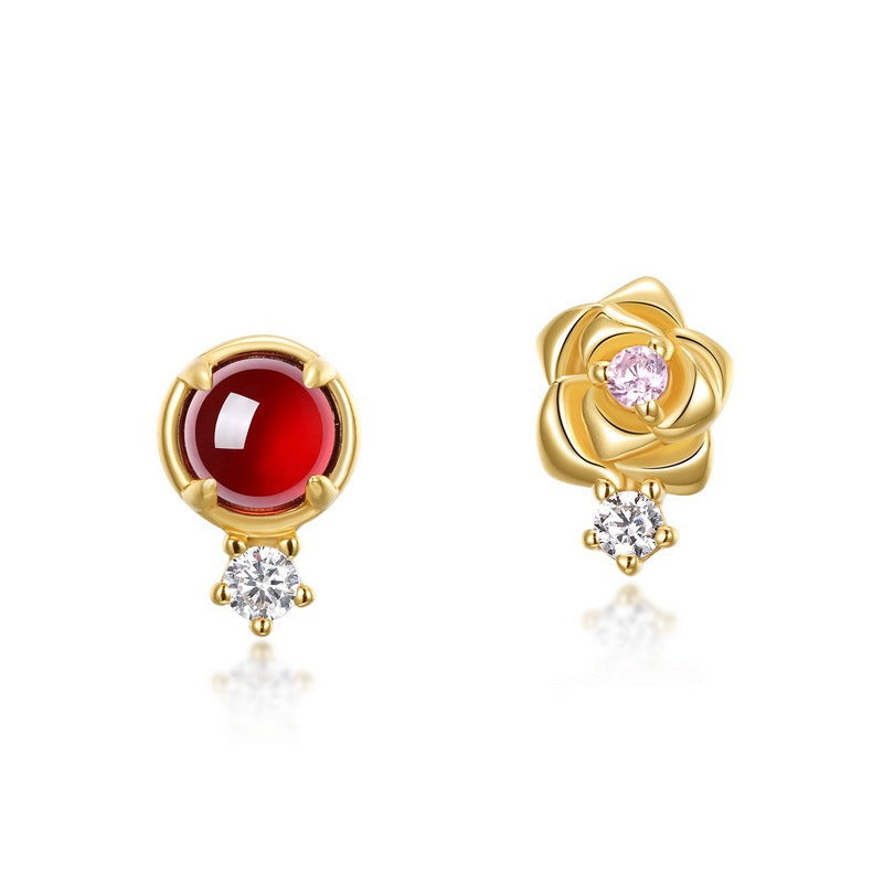 Minimalist Garnet Rose Stud Earrings - Trendy S925 Silver Gold-Plated Delicate Design