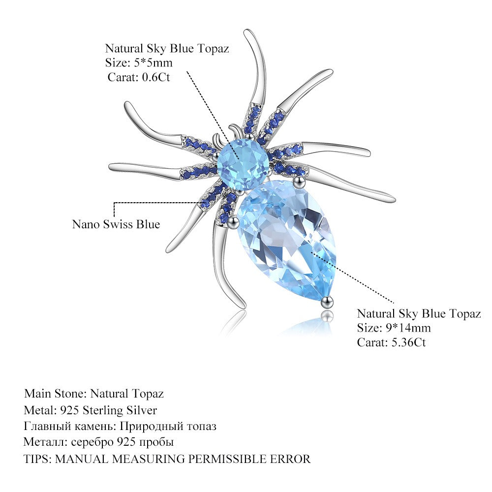 Kemstone 925 Sterling Silver Spider Brooch with 5.36ct Sky Blue Topaz - Insect Series Jewelry,K245024P