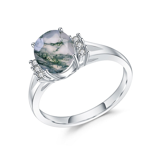 Kemstone Oval Stone 925 Sterling Silver Moss Agate Engagement Ring