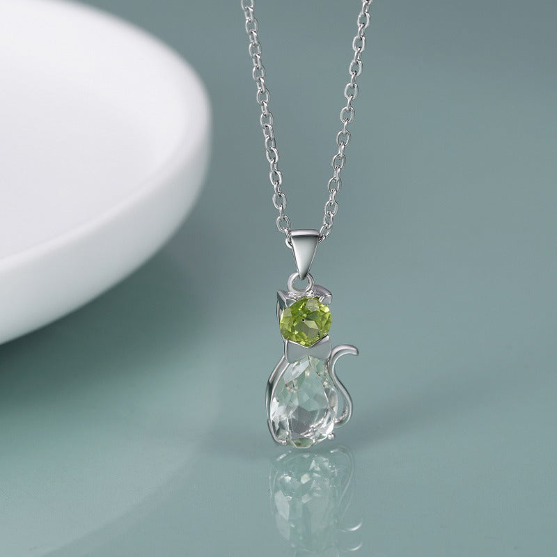 Kemstone Exquisite Natural Gemstone Cat Pendant Necklace with Green Amethyst and Peridot Accents,18",K23515N