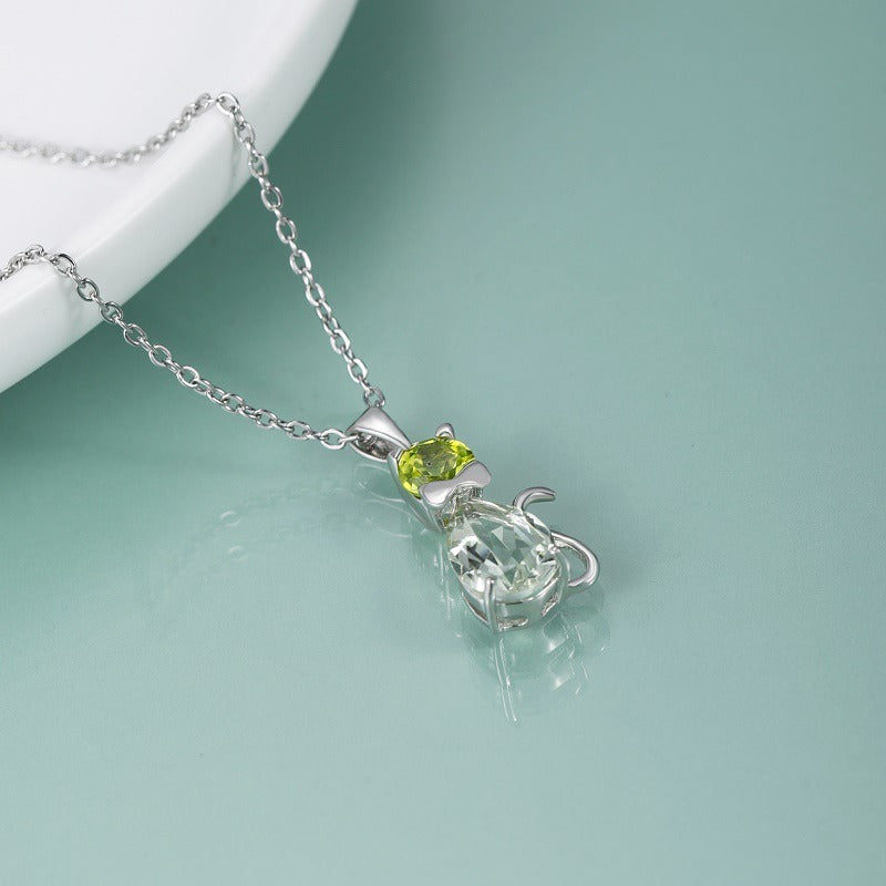 Kemstone Exquisite Natural Gemstone Cat Pendant Necklace with Green Amethyst and Peridot Accents,18",K23515N