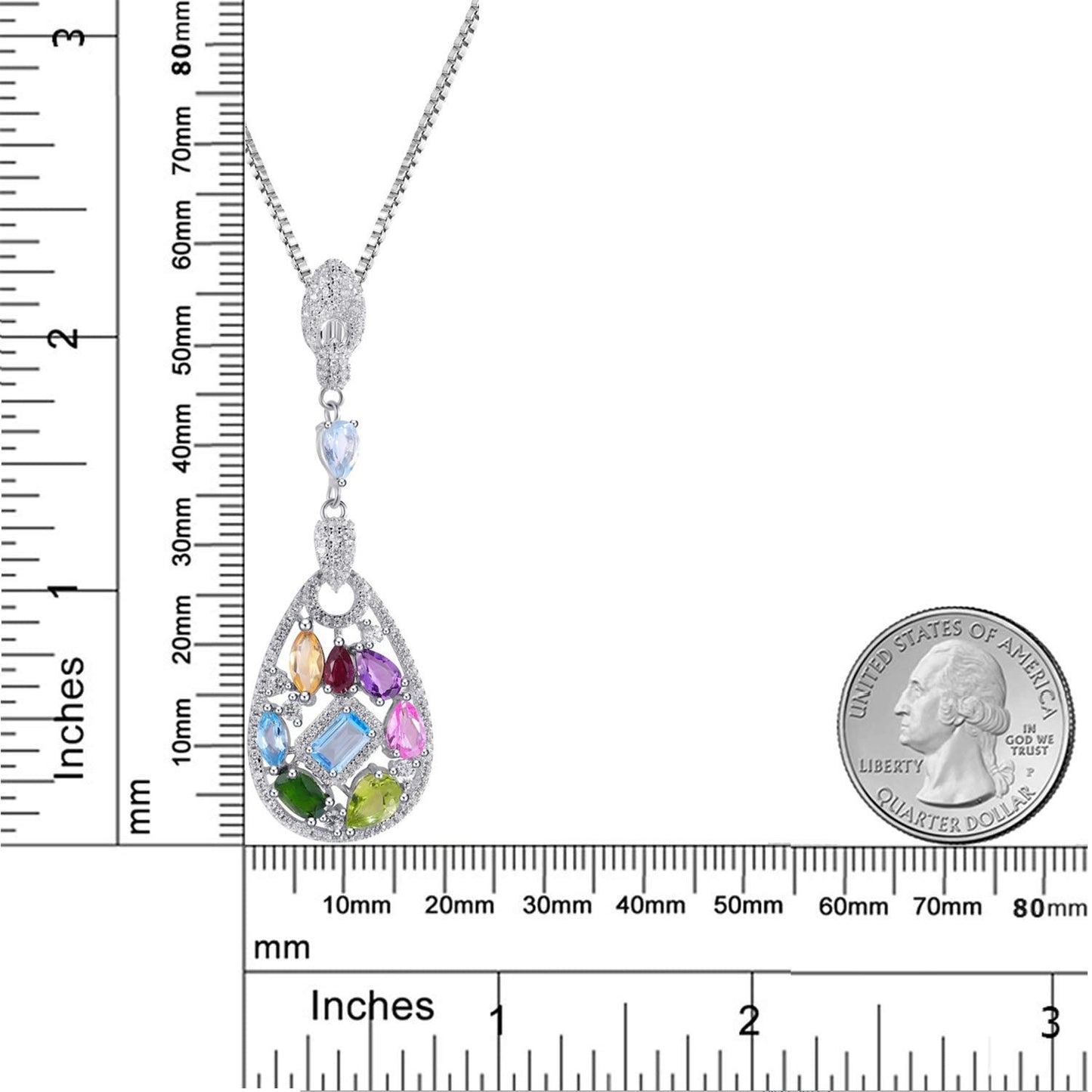 Kemstone Natural Blue Topaz and Multicolored Gemstone Teardrop Pendant Necklace | S925 Sterling Silver | 18" Chain