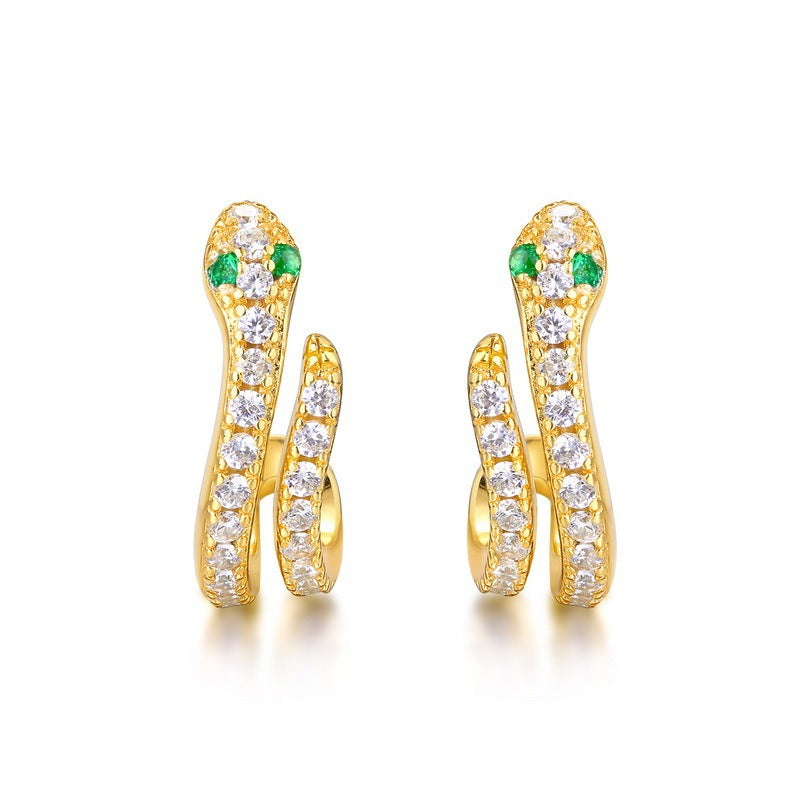 Classic Snake Stud Earrings - S925 Silver with Nano Green Zircon and 9K Gold Plating