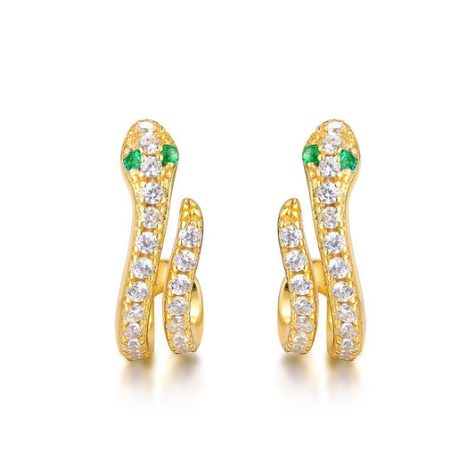 Classic Snake Stud Earrings - S925 Silver with Nano Green Zircon and 9K Gold Plating