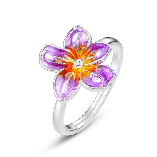 Exquisite Violet Enamel Flower Ring - Adjustable S925 Silver Gold-Plated