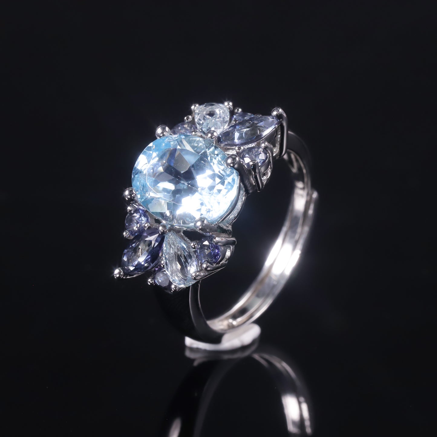 Kemstone Sky Blue Topaz Floral Adjustable Ring with Mystic Quartz Accents, 3.47 Carat,K244301R