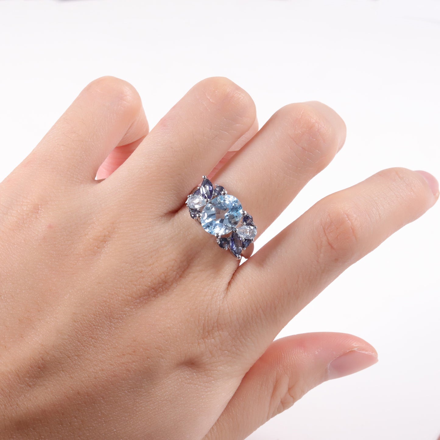 Kemstone Sky Blue Topaz Floral Adjustable Ring with Mystic Quartz Accents, 3.47 Carat,K244301R