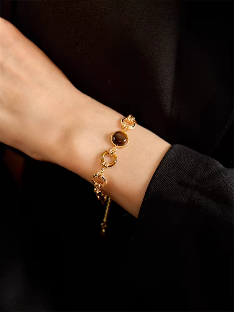 Luminous Tiger's Eye Bracelet - Vintage Design, 925 Sterling Silver with Gold Plating, Adjustable 140mm-180mm