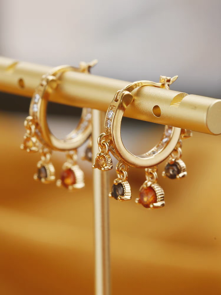 "Sunset Ferris Wheel" Citrine & Fanta Quartz Hoop Earrings - Original Design, 925 Sterling Silver, Gold-Plated, 24mm x 20mm