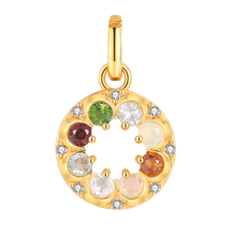 Kemstone "BOSOM FRD" Necklace - Vintage Coin Pendant Necklace, 18" Gold-Plated Sterling Silver with Moon & Star Charm and Hidden Gemstone Message, 7 Gemstones Including Beryl, Opal, and Ruby Garnet