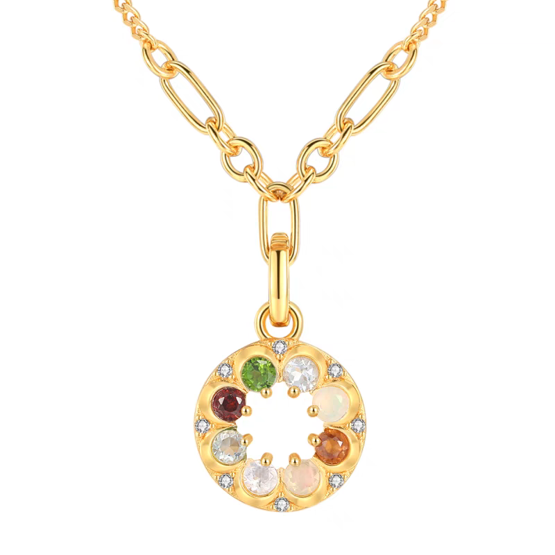 Kemstone "BOSOM FRD" Necklace - Vintage Coin Pendant Necklace, 18" Gold-Plated Sterling Silver with Moon & Star Charm and Hidden Gemstone Message, 7 Gemstones Including Beryl, Opal, and Ruby Garnet