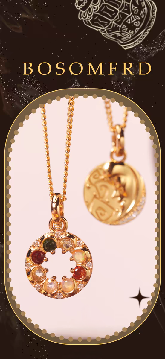 Kemstone "BOSOM FRD" Necklace - Vintage Coin Pendant Necklace, 18" Gold-Plated Sterling Silver with Moon & Star Charm and Hidden Gemstone Message, 7 Gemstones Including Beryl, Opal, and Ruby Garnet