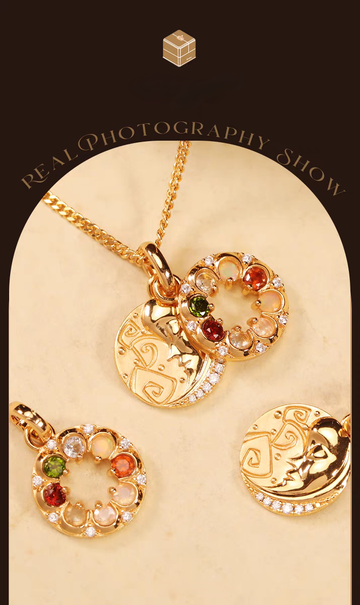 Kemstone "BOSOM FRD" Necklace - Vintage Coin Pendant Necklace, 18" Gold-Plated Sterling Silver with Moon & Star Charm and Hidden Gemstone Message, 7 Gemstones Including Beryl, Opal, and Ruby Garnet