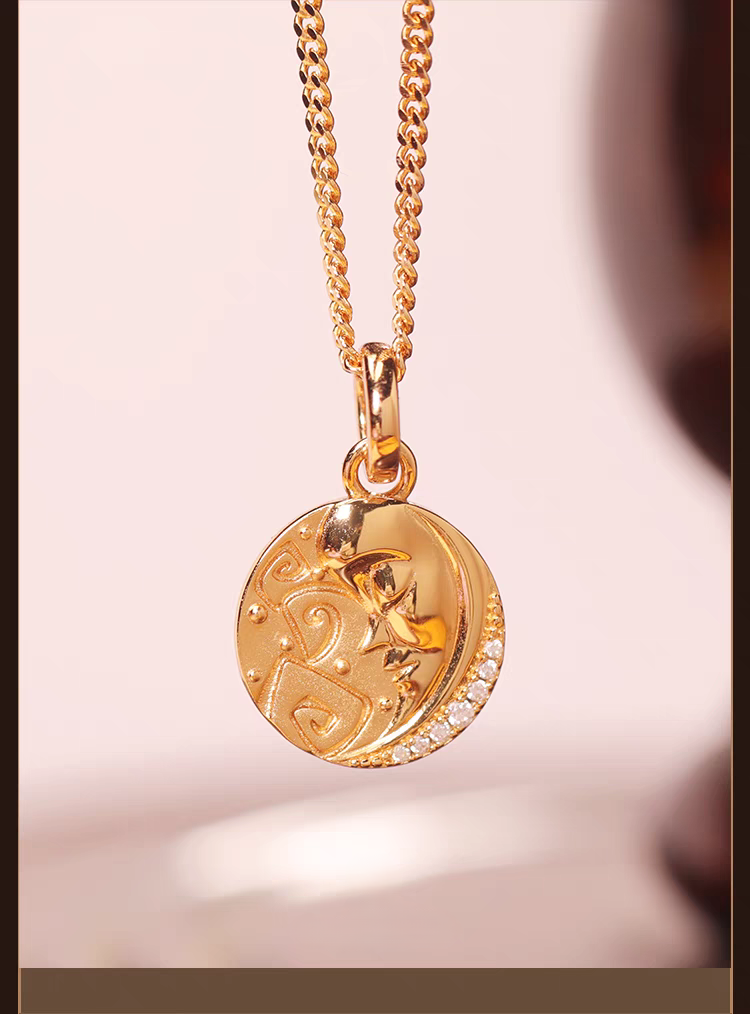 Kemstone "BOSOM FRD" Necklace - Vintage Coin Pendant Necklace, 18" Gold-Plated Sterling Silver with Moon & Star Charm and Hidden Gemstone Message, 7 Gemstones Including Beryl, Opal, and Ruby Garnet