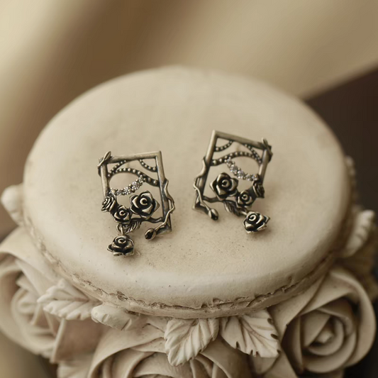 Kemstone "Rose in the Boudoir" Earrings - Vintage Gothic Floral Studs, 925 Sterling Silver Enamel with AAAAA Zircon, Unique Artistic Design in Gold and Silver, 21.7mm x 12mm