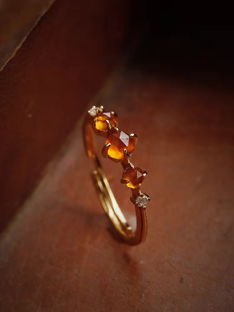 Kemstone "Phantom Sun" Orange Garnet Ring for Women - Adjustable Vintage Design, 925 Sterling Silver with Gold Plating, Open Band