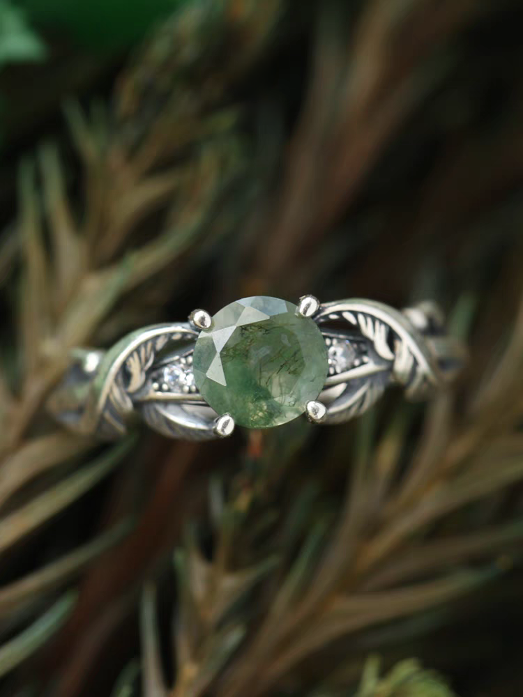 Watergrass Ghost Ring - 925 Sterling Silver, Moss Agate, Vintage Adjustable Open Ring