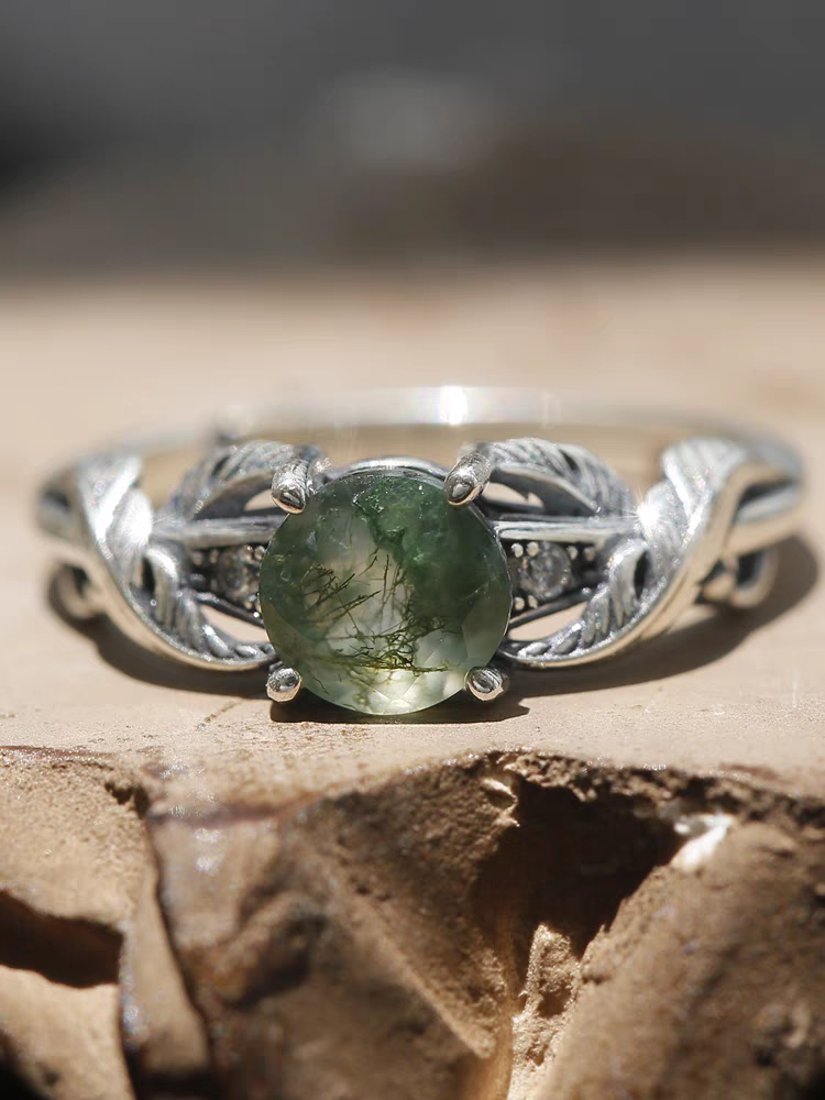 Watergrass Ghost Ring - 925 Sterling Silver, Moss Agate, Vintage Adjustable Open Ring