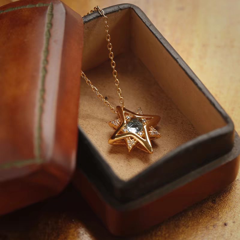 Star in the Sea of People Necklace - Blue Topaz & Zircon, Gold-Plated Sterling Silver Vintage Pendant,18"