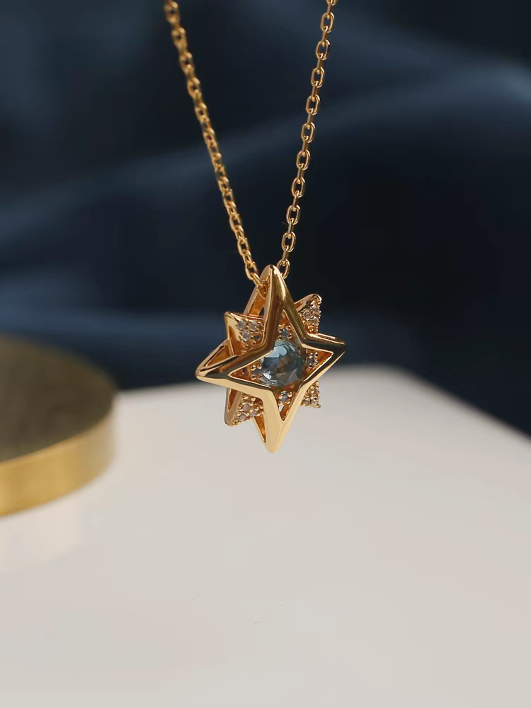 Star in the Sea of People Necklace - Blue Topaz & Zircon, Gold-Plated Sterling Silver Vintage Pendant,18"