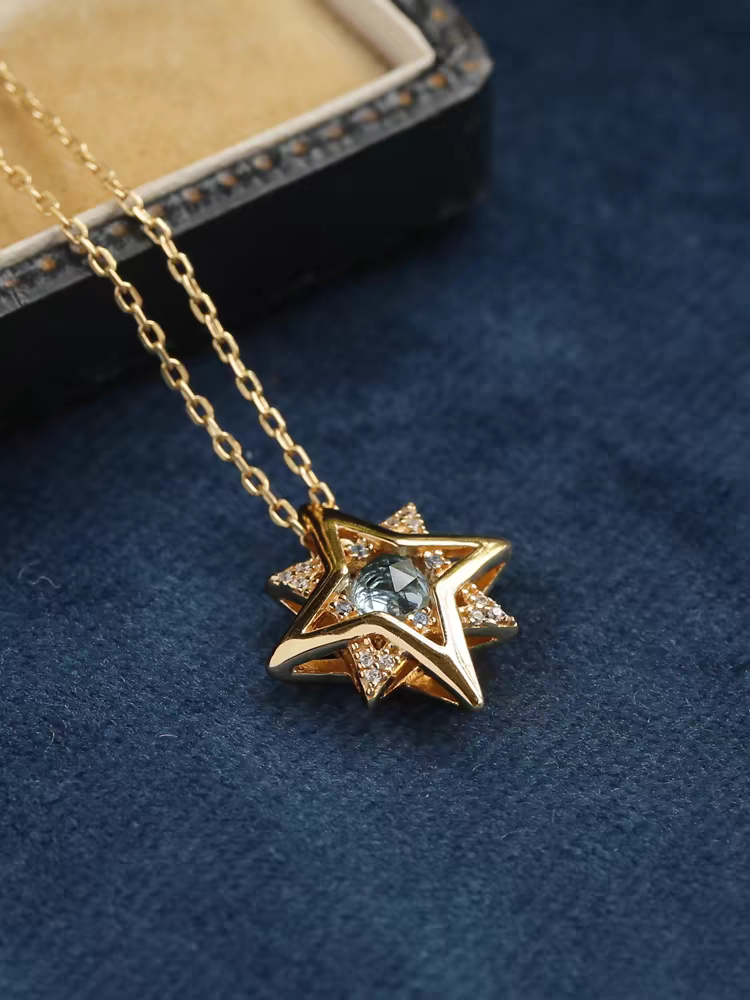 Star in the Sea of People Necklace - Blue Topaz & Zircon, Gold-Plated Sterling Silver Vintage Pendant,18"