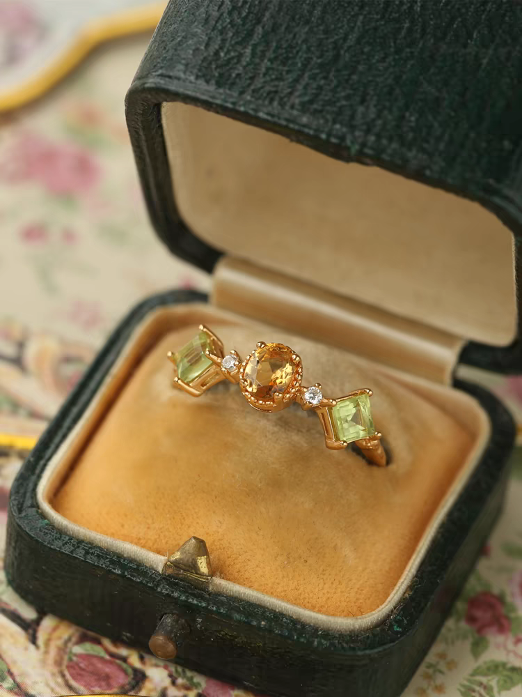 Canola Blossom Ring - Citrine & Peridot, Gold-Plated Sterling Silver Adjustable Vintage Design