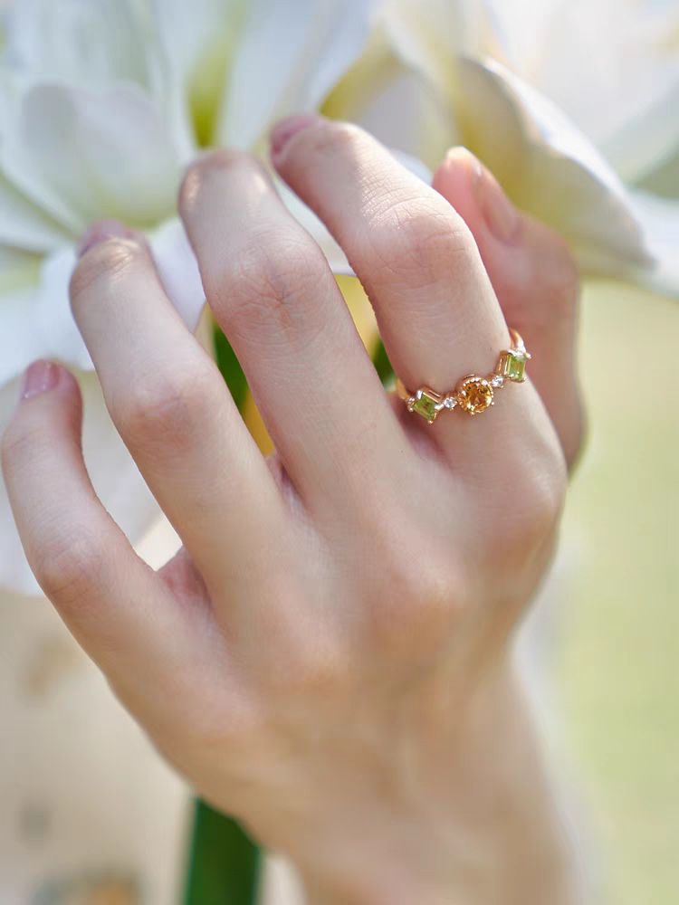 Canola Blossom Ring - Citrine & Peridot, Gold-Plated Sterling Silver Adjustable Vintage Design