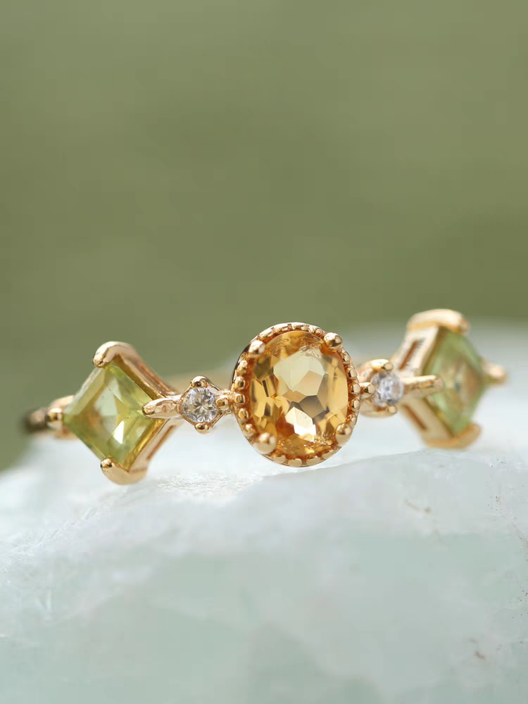 Canola Blossom Ring - Citrine & Peridot, Gold-Plated Sterling Silver Adjustable Vintage Design