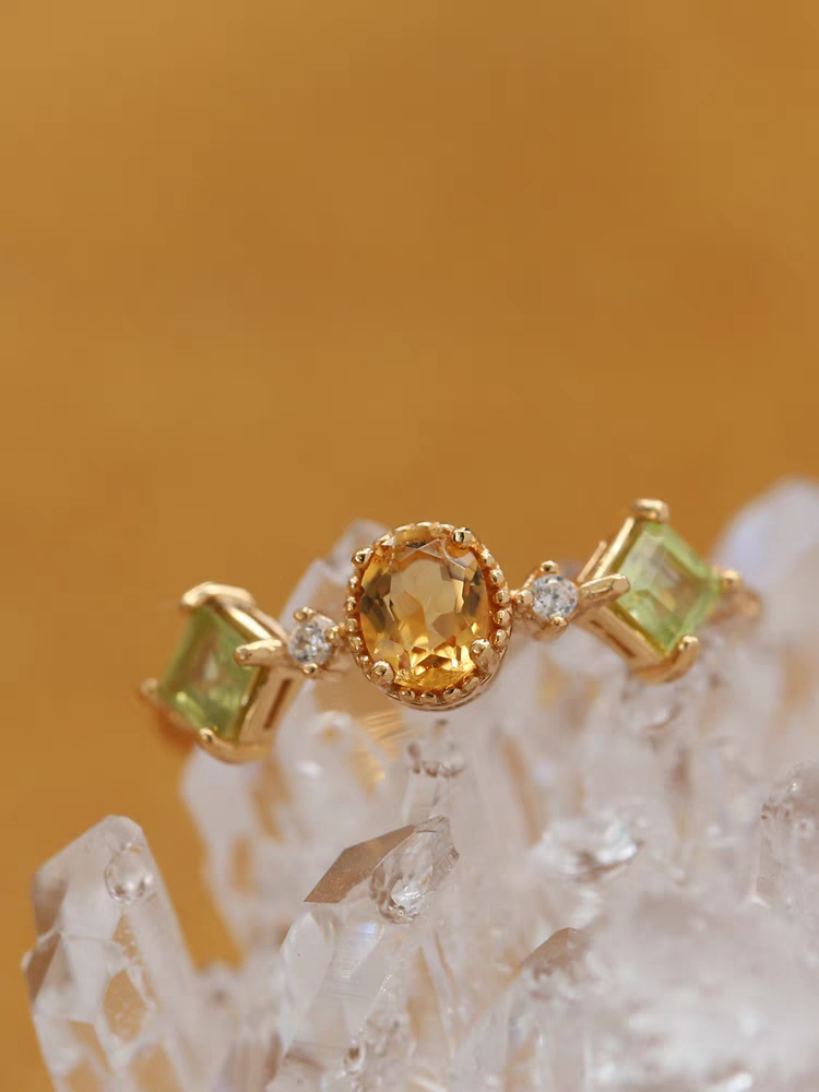 Canola Blossom Ring - Citrine & Peridot, Gold-Plated Sterling Silver Adjustable Vintage Design