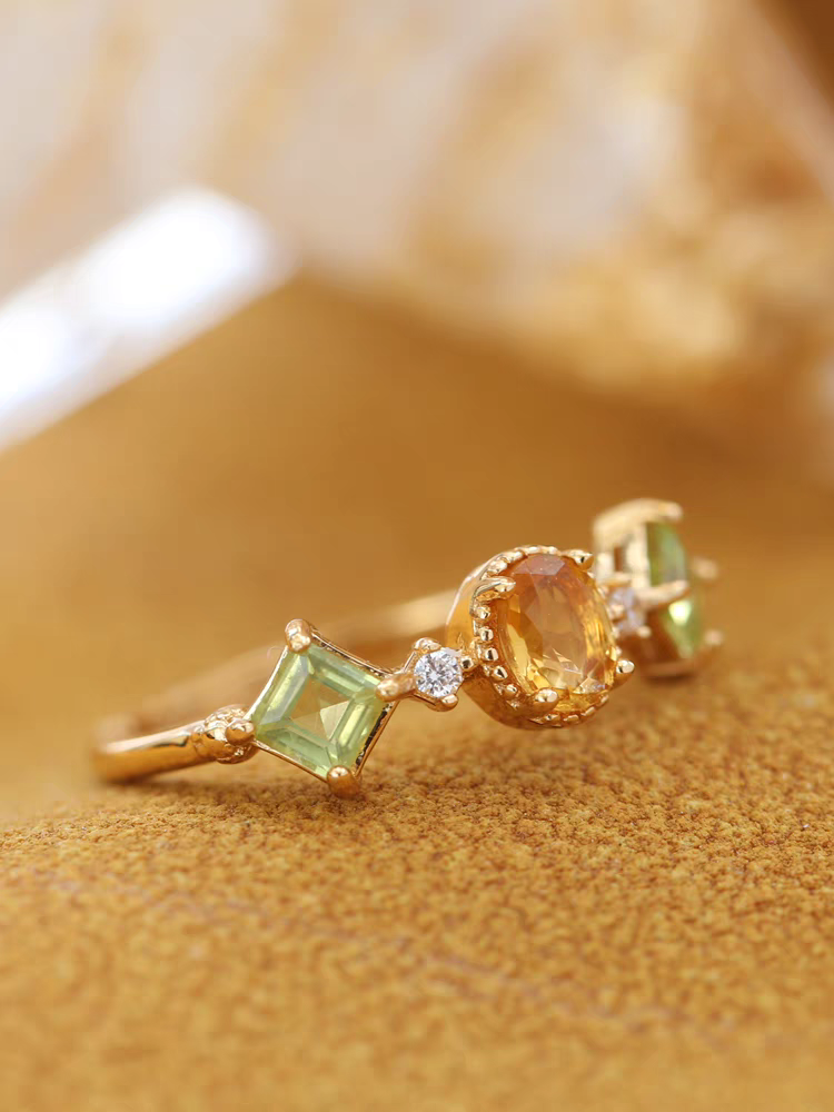 Canola Blossom Ring - Citrine & Peridot, Gold-Plated Sterling Silver Adjustable Vintage Design