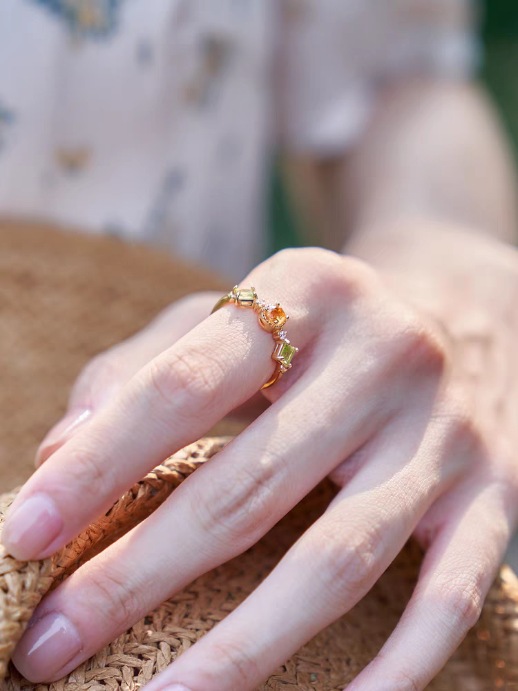 Canola Blossom Ring - Citrine & Peridot, Gold-Plated Sterling Silver Adjustable Vintage Design