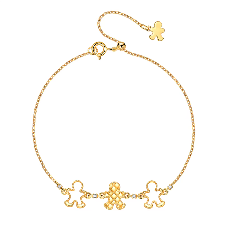 Gingerbread Man Bracelet - 925 Sterling Silver, Gold-Plated, Minimalist & Cute, Premium Zircon Detailing