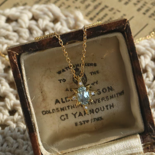 "Star in the Sea of People"-Blue Topaz Vintage Necklace - Gold-Plated Sterling Silver, Star Pendant with Zircon Accents,18"