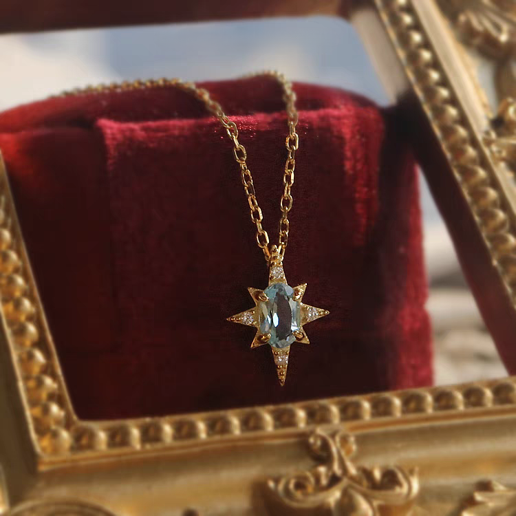 "Star in the Sea of People"-Blue Topaz Vintage Necklace - Gold-Plated Sterling Silver, Star Pendant with Zircon Accents,18"