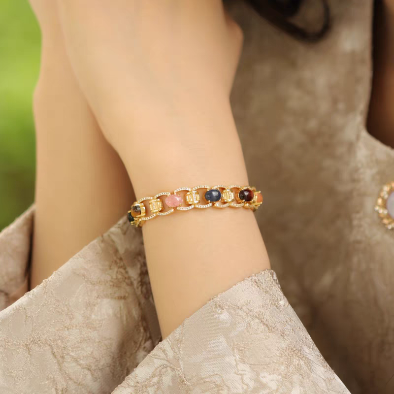 Resonance of Gemstones Bracelet - Vintage Sterling Silver, Natural Stones Luxury Cuff