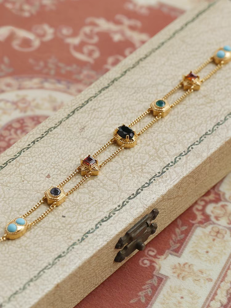 Vintage Western-Style Multi-Gemstone Double-Layer Bracelet - 925 Sterling Silver, Gold-Plated, Adjustable