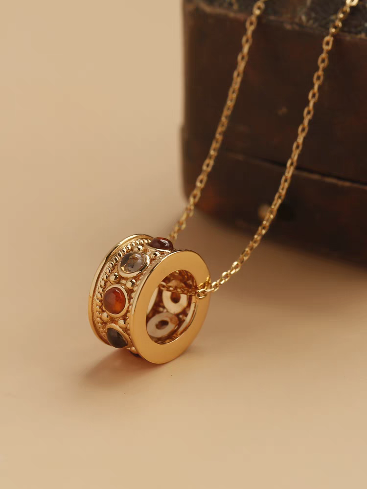 Sunset Ferris Wheel Necklace - 925 Sterling Silver, Gold-Plated, Fanta Stone Vintage Pendant