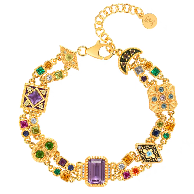 Victorian-Inspired Vintage Gemstone Double-Layer Bracelet - 925 Sterling Silver, Gold-Plated, Elegant & Adjustable