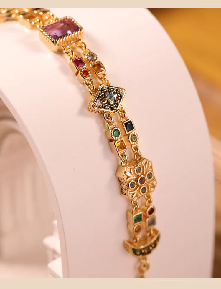 Victorian-Inspired Vintage Gemstone Double-Layer Bracelet - 925 Sterling Silver, Gold-Plated, Elegant & Adjustable